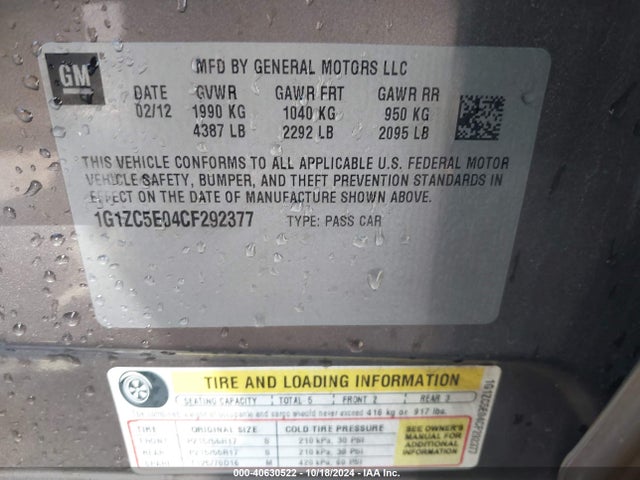 Продаж на аукціоні авто 2012 Chevrolet Malibu 1lt, vin: 1G1ZC5E04CF292377, номер лоту: 40630522