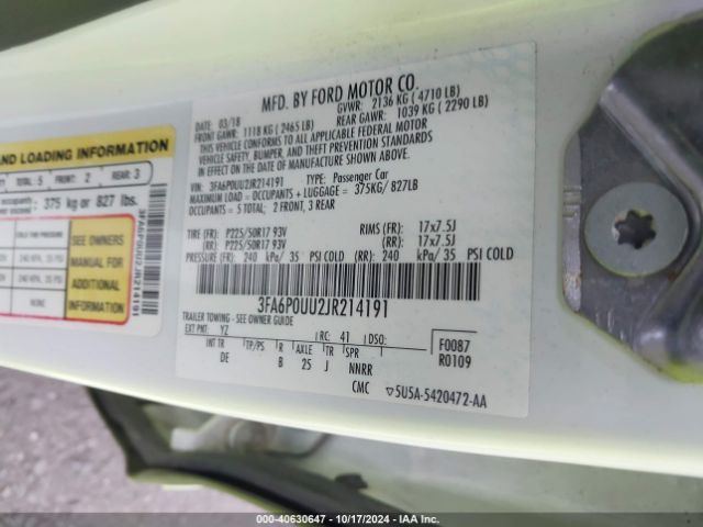 3FA6P0UU2JR214191 Ford Fusion Hybrid S