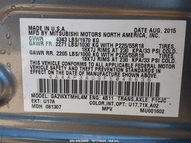 4A4AP3AU9FE048636 Mitsubishi Outlander Sport Es