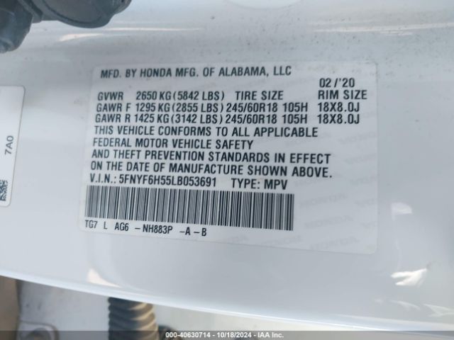 5FNYF6H55LB053691 Honda Pilot Awd Ex-l