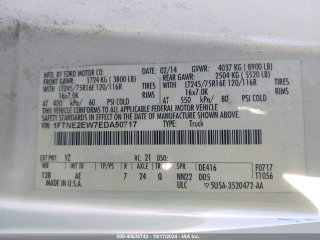 Ford E-250 Commercial 2014 1FTNE2EW7EDA50717 Image 9