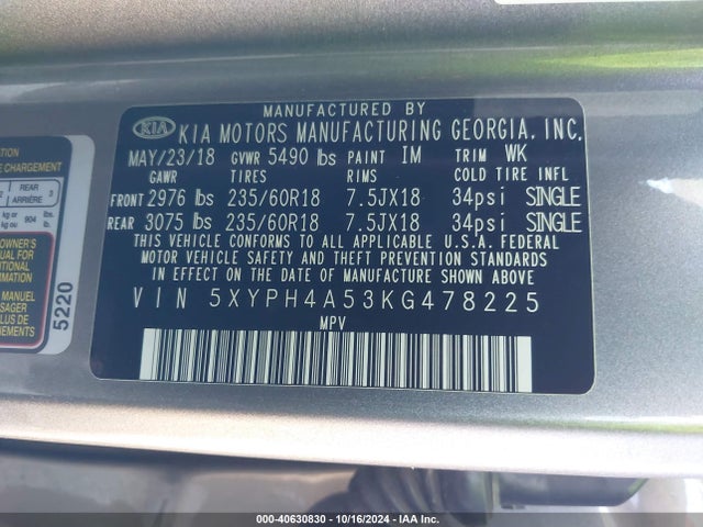 5XYPH4A53KG478225 KIA Sorento 3.3l Ex