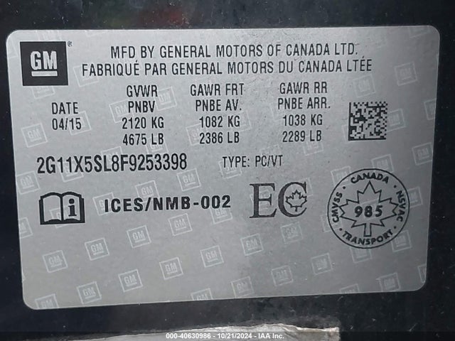 Chevrolet Impala 1fl 2015 2G11X5SL8F9253398 Image 9