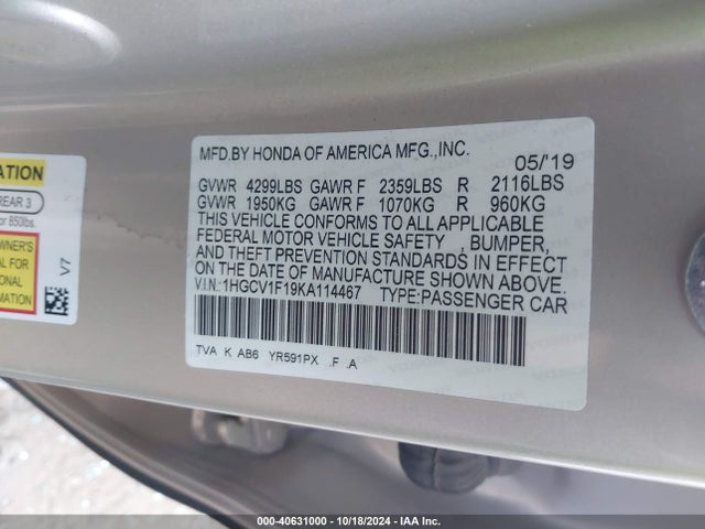 Honda ACCORD LX 2019 1HGCV1F19KA114467 Image 9