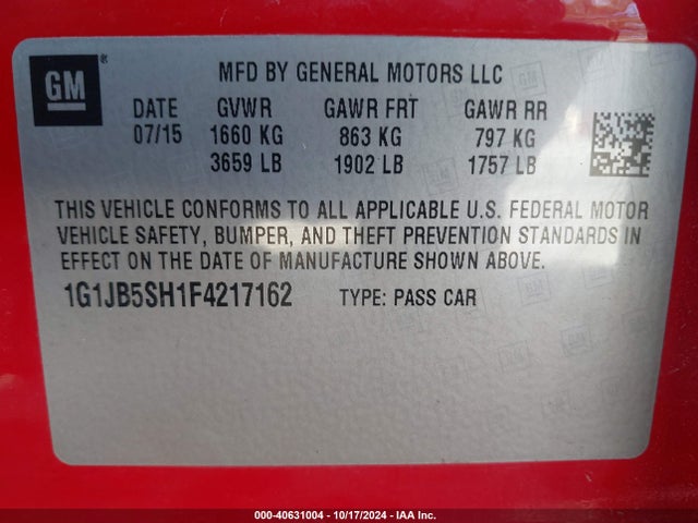 Chevrolet Sonic Ls Manual 2015 1G1JB5SH1F4217162 Image 9