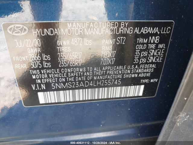 Hyundai Santa Fe Se 2020 5NMS23AD4LH255745 Image 9