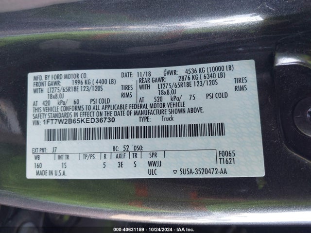 Ford F-250 Xl 2019 1FT7W2B65KED36730 Image 9