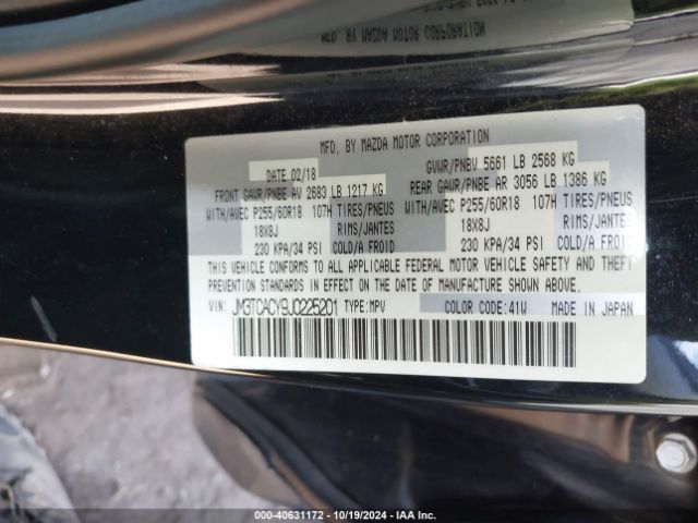 JM3TCACY9J0225201 Mazda Cx-9 Touring