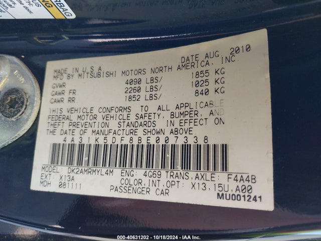 2011 MITSUBISHI ECLIPSE 4A31K5DF8BE007338 Photo 8