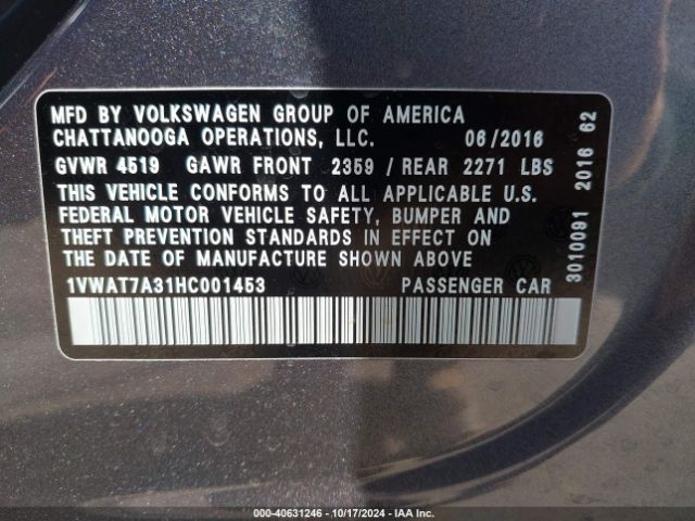 1VWAT7A31HC001453 Volkswagen Passat 1.8t S