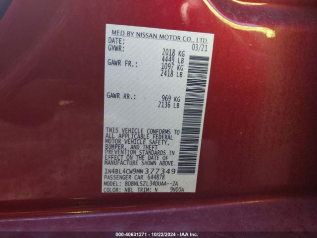 1N4BL4CW9MN377349 Nissan Altima Sr Intelligent Awd