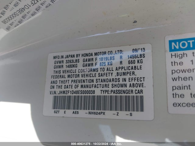 Honda CR-Z 2014 JHMZF1D48ES000038 Image 9