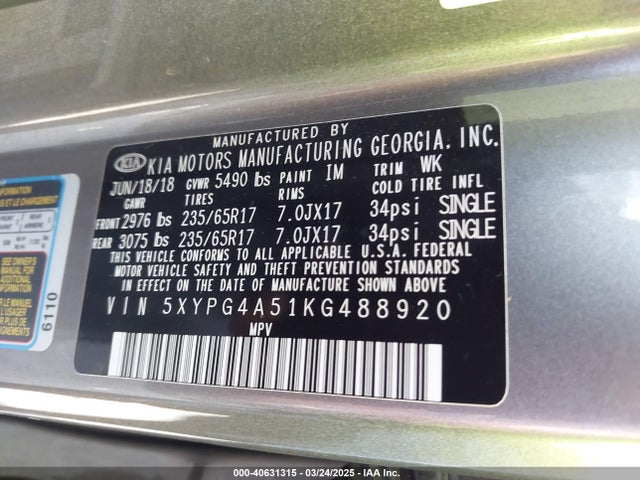5XYPG4A51KG488920 KIA Sorento 3.3l Lx