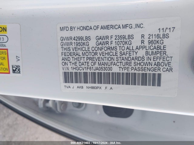 Honda Accord Ex-l 2018 1HGCV1F61JA053030 Image 9