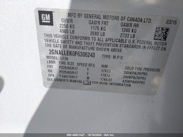Chevrolet Equinox L 2015 2GNALLEK0F6306243 Image 9