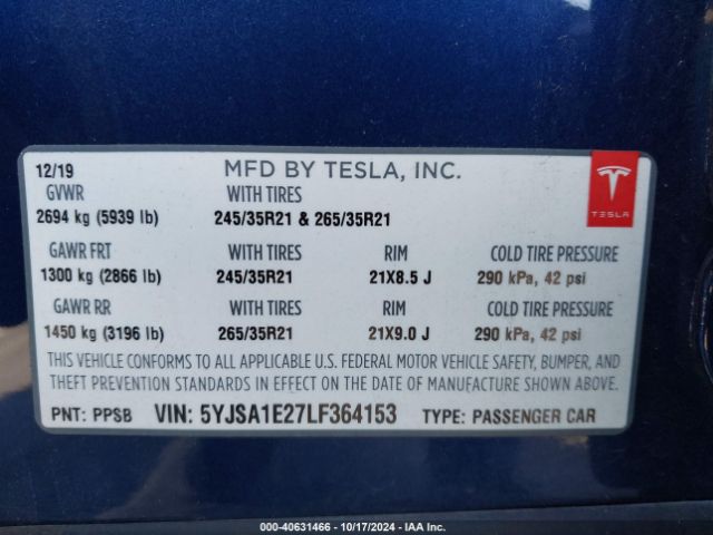 5YJSA1E27LF364153 Tesla Model S Long Range Dual Motor All-wheel Drive/long Range Plus Dual Motor All-wheel Drive