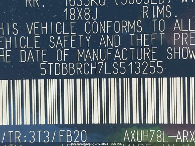 5TDBBRCH7LS513255 Toyota Highlander Hybrid Le
