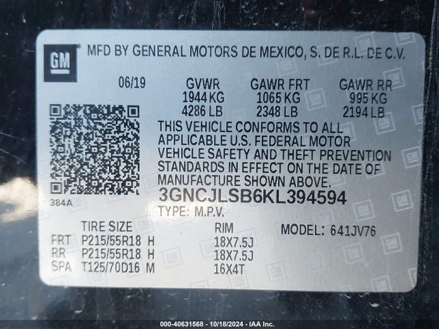 Chevrolet Trax Lt 2019 3GNCJLSB6KL394594 Image 9