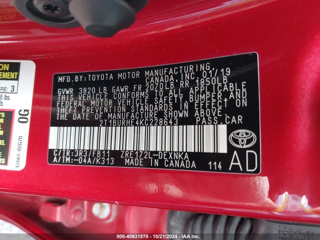 Toyota COROLLA LE 2019 2T1BURHE4KC228643 Image 9