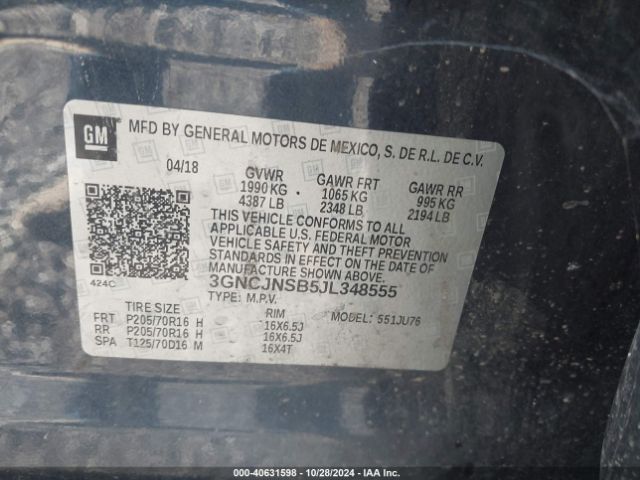 3GNCJNSB5JL348555 Chevrolet TRAX LS