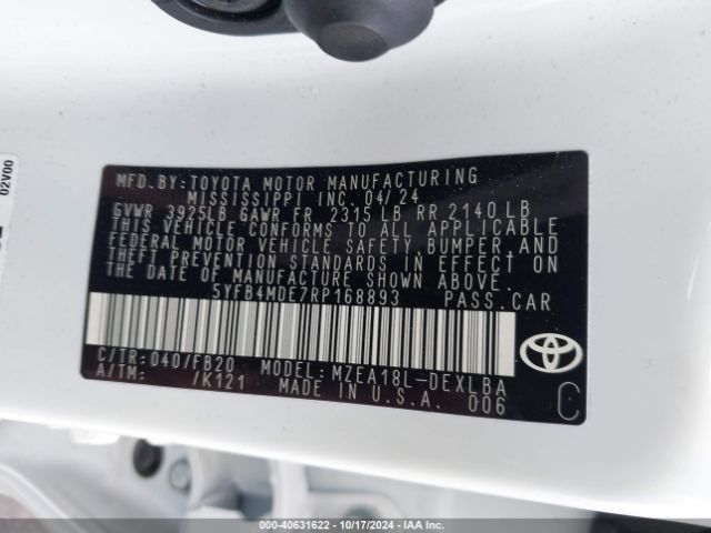 5YFB4MDE7RP168893 Toyota COROLLA LE