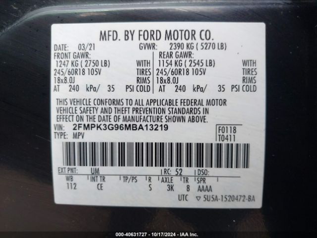 2FMPK3G96MBA13219 Ford EDGE SE