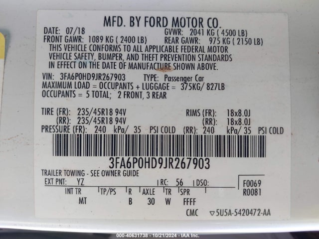 Ford FUSION SE 2018 3FA6P0HD9JR267903 Image 9