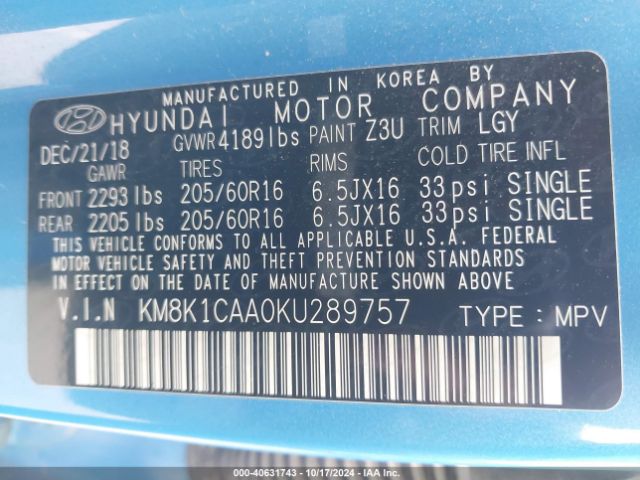 KM8K1CAA0KU289757 Hyundai Kona Se