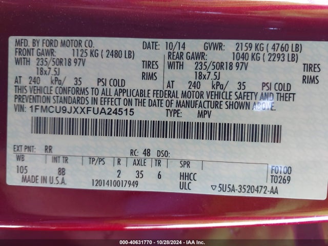 Ford Escape Titanium 2015 1FMCU9JXXFUA24515 Image 9