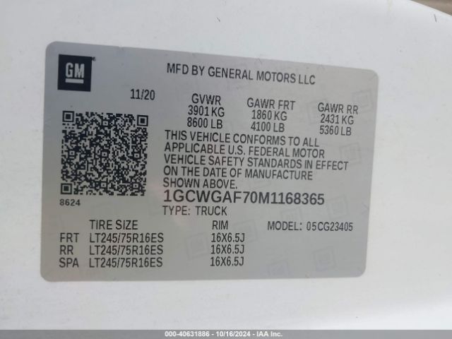 1GCWGAF70M1168365 Chevrolet Express Cargo Rwd 2500 Regular Wheelbase Wt