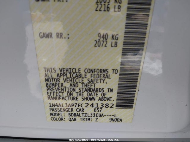 Nissan Altima 2.5 Sl 2015 1N4AL3AP7FC241382 Image 9