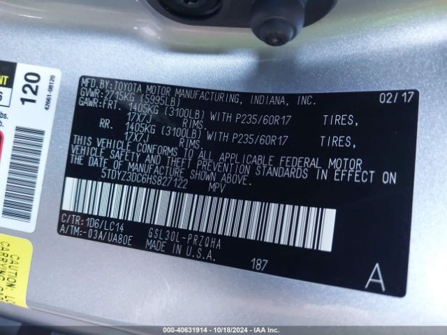 5TDYZ3DC6HS827122 Toyota Sienna Xle 8 Passenger