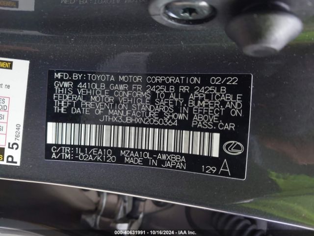 JTHX3JBHXN2050364 Lexus UX 200