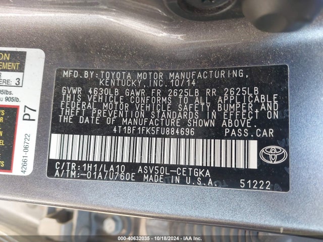 Toyota CAMRY XLE 2015 4T1BF1FK5FU884696 Image 9