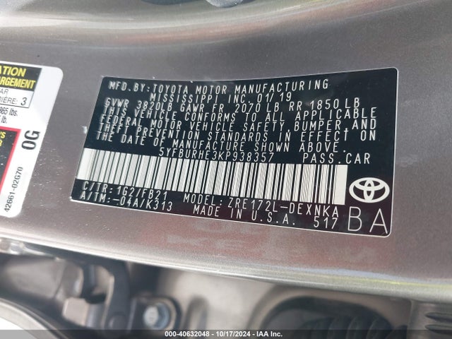 Toyota COROLLA LE 2019 5YFBURHE3KP938357 Image 9
