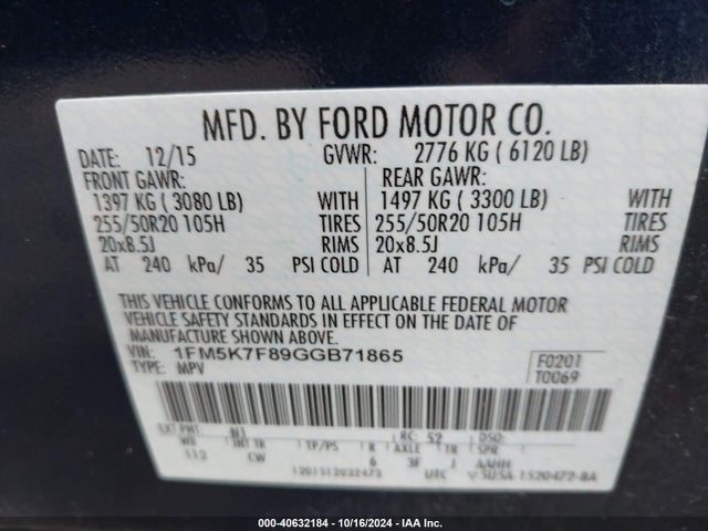 Ford Explorer Limited 2016 1FM5K7F89GGB71865 Image 9