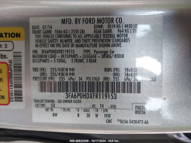 Ford FUSION SE 2015 3FA6P0HDXFR119153 Image 9