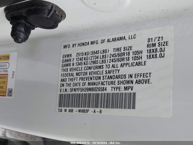 Honda Pilot 2wd Ex 2021 5FNYF5H39MB026584 Image 9