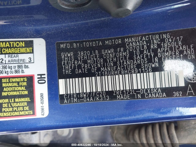 Toyota COROLLA SE 2017 2T1BURHE8HC891156 Image 9