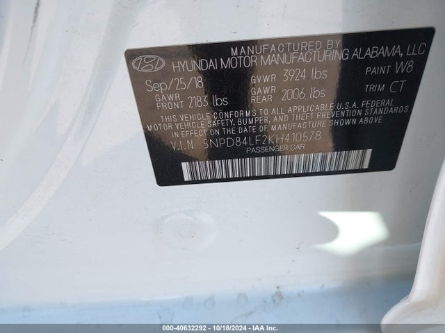 Hyundai ELANTRA SEL 2019 5NPD84LF2KH410578 Image 9