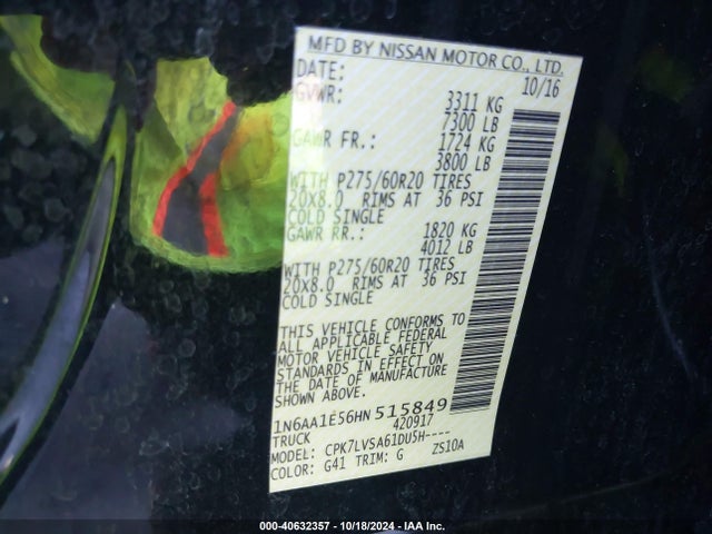 Nissan Titan Sl 2017 1N6AA1E56HN515849 Image 9