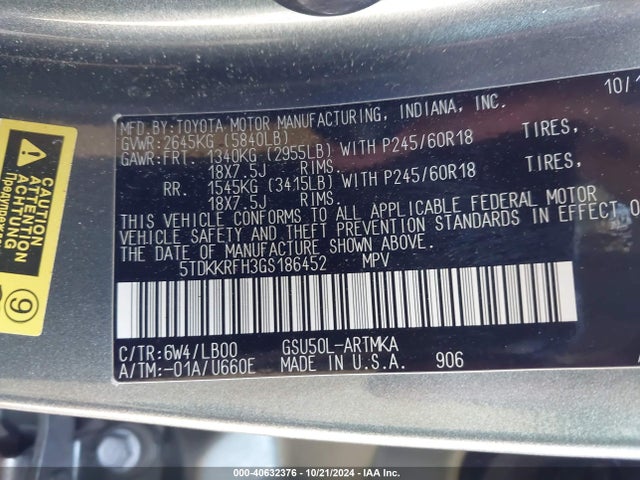Toyota Highlander Xle V6 2016 5TDKKRFH3GS186452 Image 9
