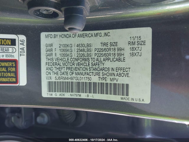 Honda Cr-v Touring 2016 5J6RM4H97GL011750 Image 9