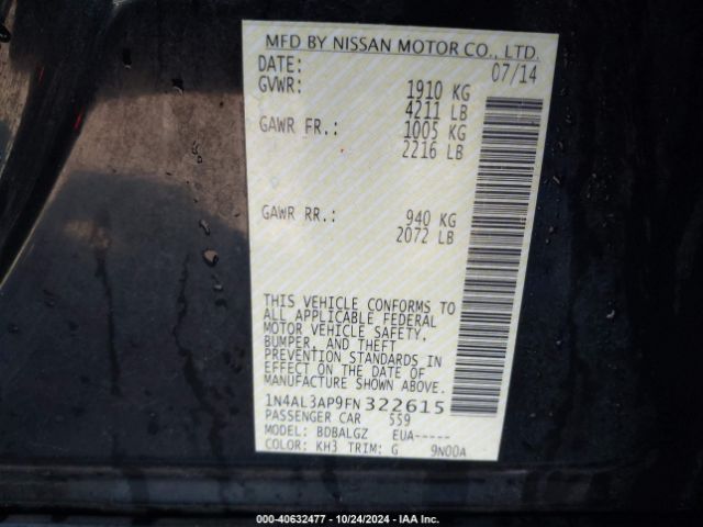 1N4AL3AP9FN322615 Nissan Altima 2.5/2.5 S/2.5 Sl/2.5 Sv