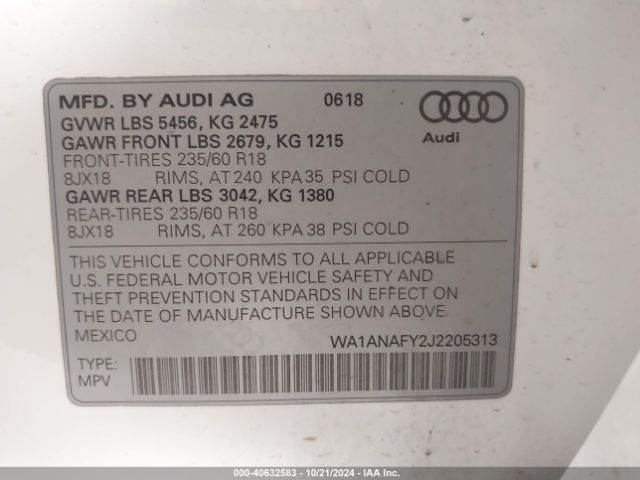 WA1ANAFY2J2205313 Audi Q5 2.0t Premium/2.0t Tech Premium