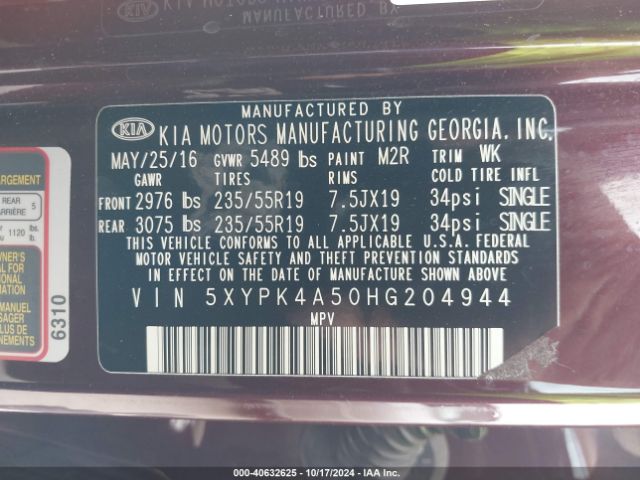 5XYPK4A50HG204944 KIA Sorento 3.3l Sx