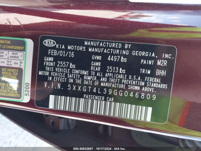 5XXGT4L39GG046809 KIA Optima Lx