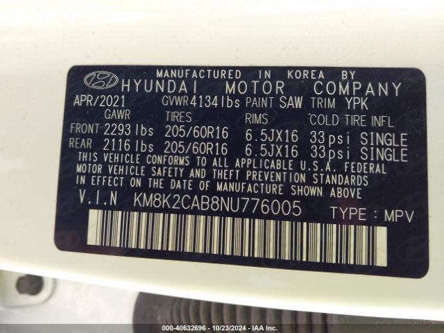 KM8K2CAB8NU776005 Hyundai Kona Se
