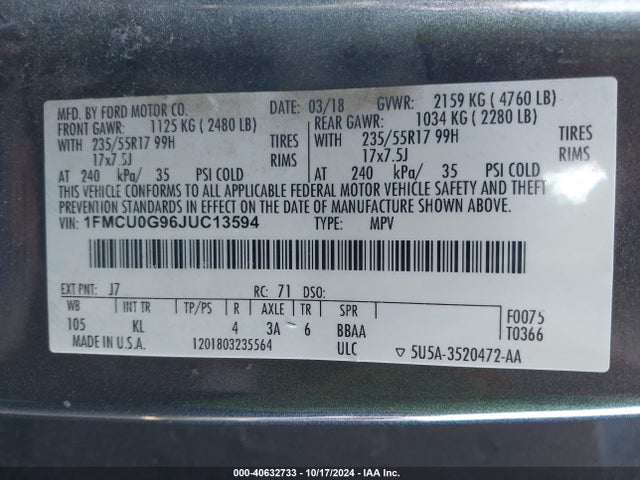 Ford ESCAPE SE 2018 1FMCU0G96JUC13594 Image 9