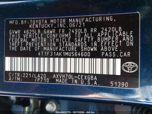4T1F31AK1MU564600 Toyota Camry Xle Hybrid